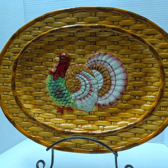 Beautiful Thanksgiving Turkey Serving Platter Handpainted 18"x14" Autumn ceramic - Picture 1 of 6